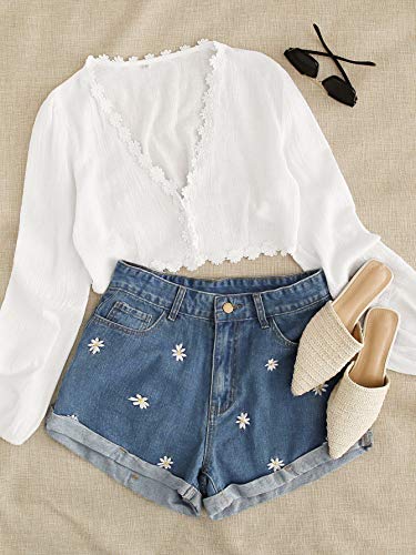 Verdusa Women's Floral Embroidery High Waist Roll Up Denim Shorts
