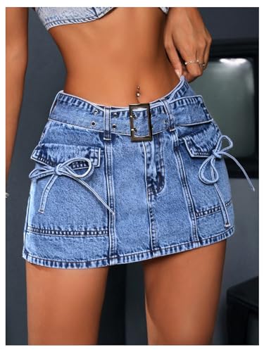 BEAUDRM Women's Low Waist Denim Skort Buckle Belted Flap Pockets Bows Front Denim Jean Skort Skirt Mini Shorts Blue 27