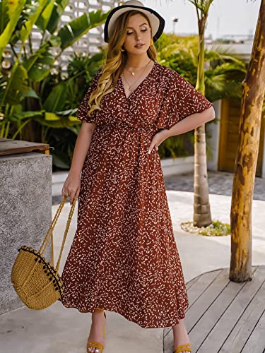 Floerns Women's Plus Size Boho Floral V Neck Short Sleeve A Line Long Dress Rust Brown 2XL