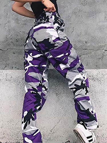 ZODLLS Women's Camo Pants Cargo Trousers Cool Camouflage Pants Elastic Waist Casual Jogger Pants with Pocket Purple Camo-M