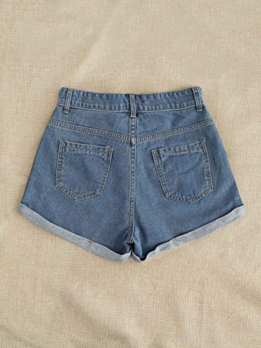 Verdusa Women's Floral Embroidery High Waist Roll Up Denim Shorts