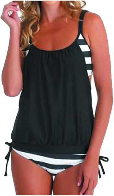 Dokotoo Womens 2024 Fashion Stripes Print Lined Up Double Up Tankini Sets Swimsuits Bathing Suit Swimwear (S-3XL)