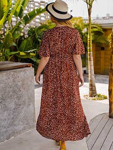 Floerns Women's Plus Size Boho Floral V Neck Short Sleeve A Line Long Dress Rust Brown 2XL