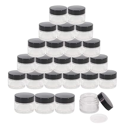 24 Pack 2 oz Round Clear Glass Cosmetic Jars with Inner Liners and Black Lids, Travel Jars, Refillable Containers for Makeup, Cream, Lotion, Sugar Scrubs, Eye Shadow, Slime, Paint, Jewelry