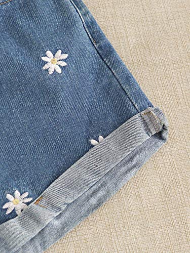 Verdusa Women's Floral Embroidery High Waist Roll Up Denim Shorts