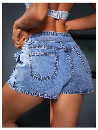 BEAUDRM Women's Low Waist Denim Skort Buckle Belted Flap Pockets Bows Front Denim Jean Skort Skirt Mini Shorts Blue 27