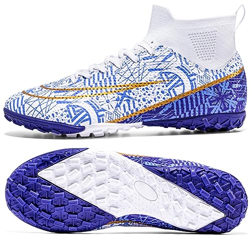 HaloTeam Soccer Shoes Mens Cleats High-Top Outdoor Professional Training Turf Football Boots Breathable Athletic Sneaker for AG/FG,White,7.5 US