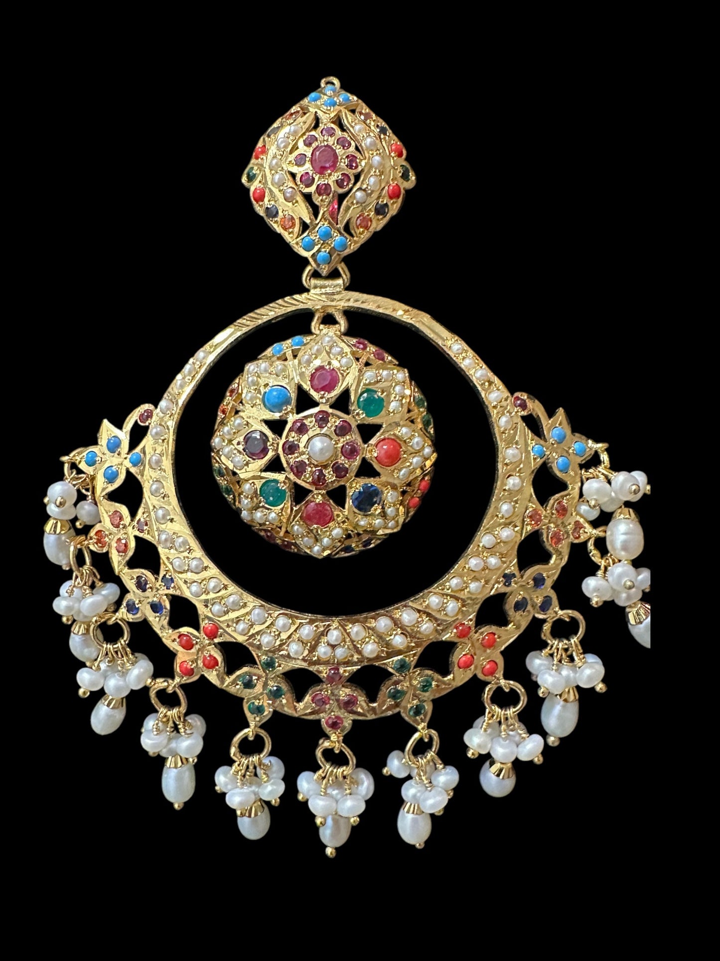 92.5 Silver Gold-Plated Earrings in Navratan with Freshwater Pearls – Handcrafted Jadau chandbali
(READY TO SHIP )