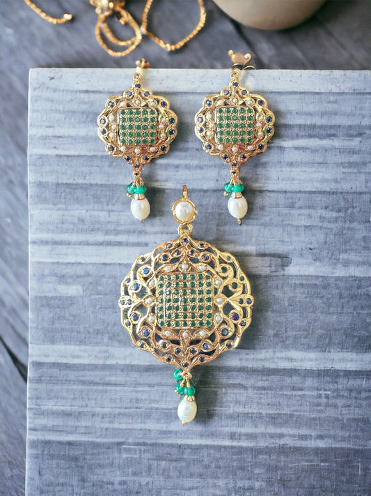Emerald & Sapphire Gold-Plated Silver Pendant Set with Freshwater Pearls ( READY TO SHIP )