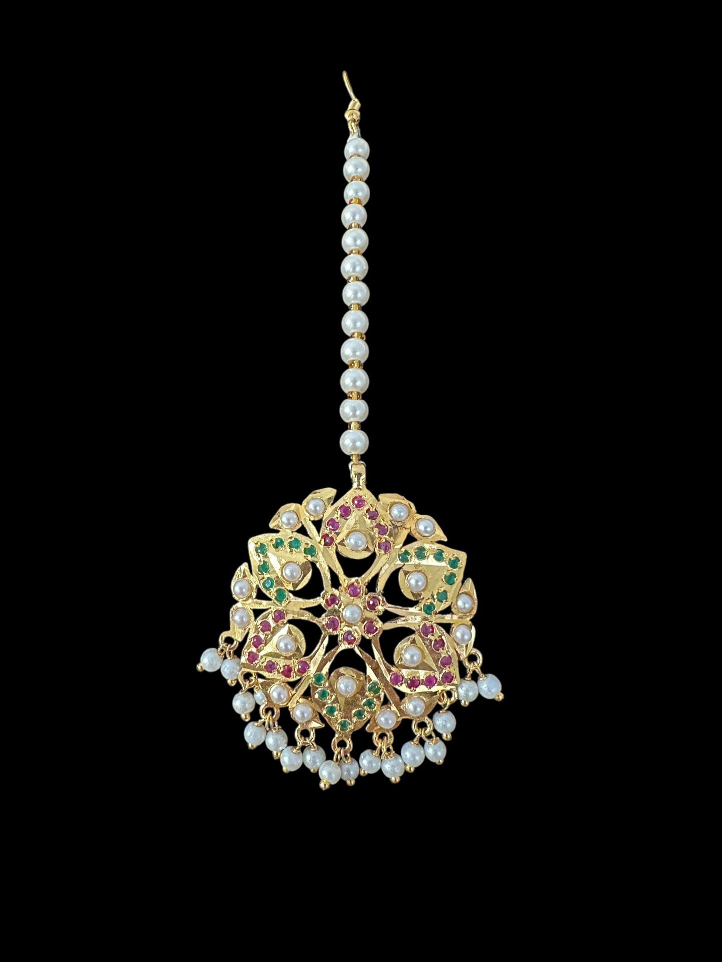 DNS190 Gold-Plated jadau ruby emerald Hasli Necklace with earrings tika – Handcrafted Traditional Set ( READY TO SHIP )