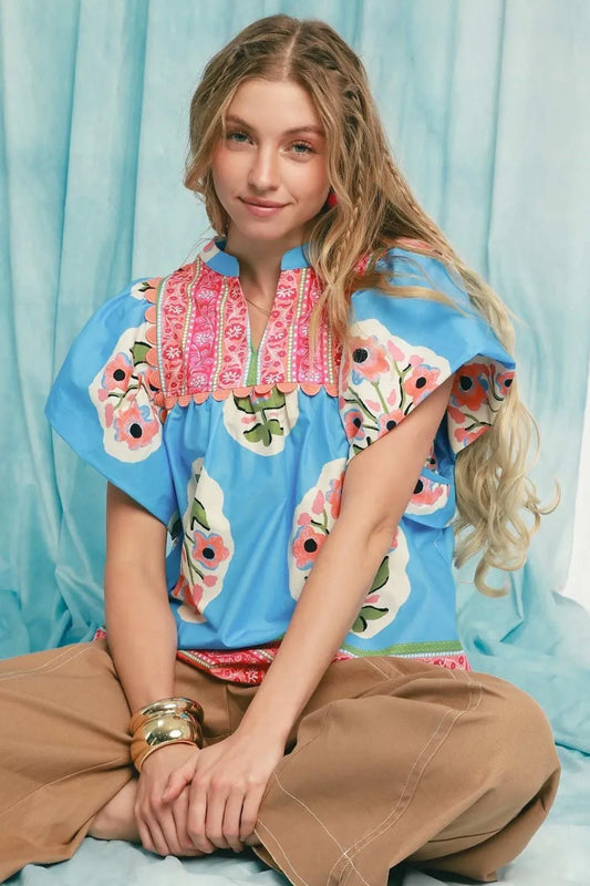 Umgee Floral Notched Puff Sleeve Blouse