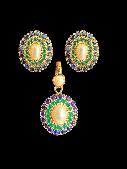 Gold plated jadau silver pendant set in emerald sapphire  ( SHIPS IN 5 WEEKS )