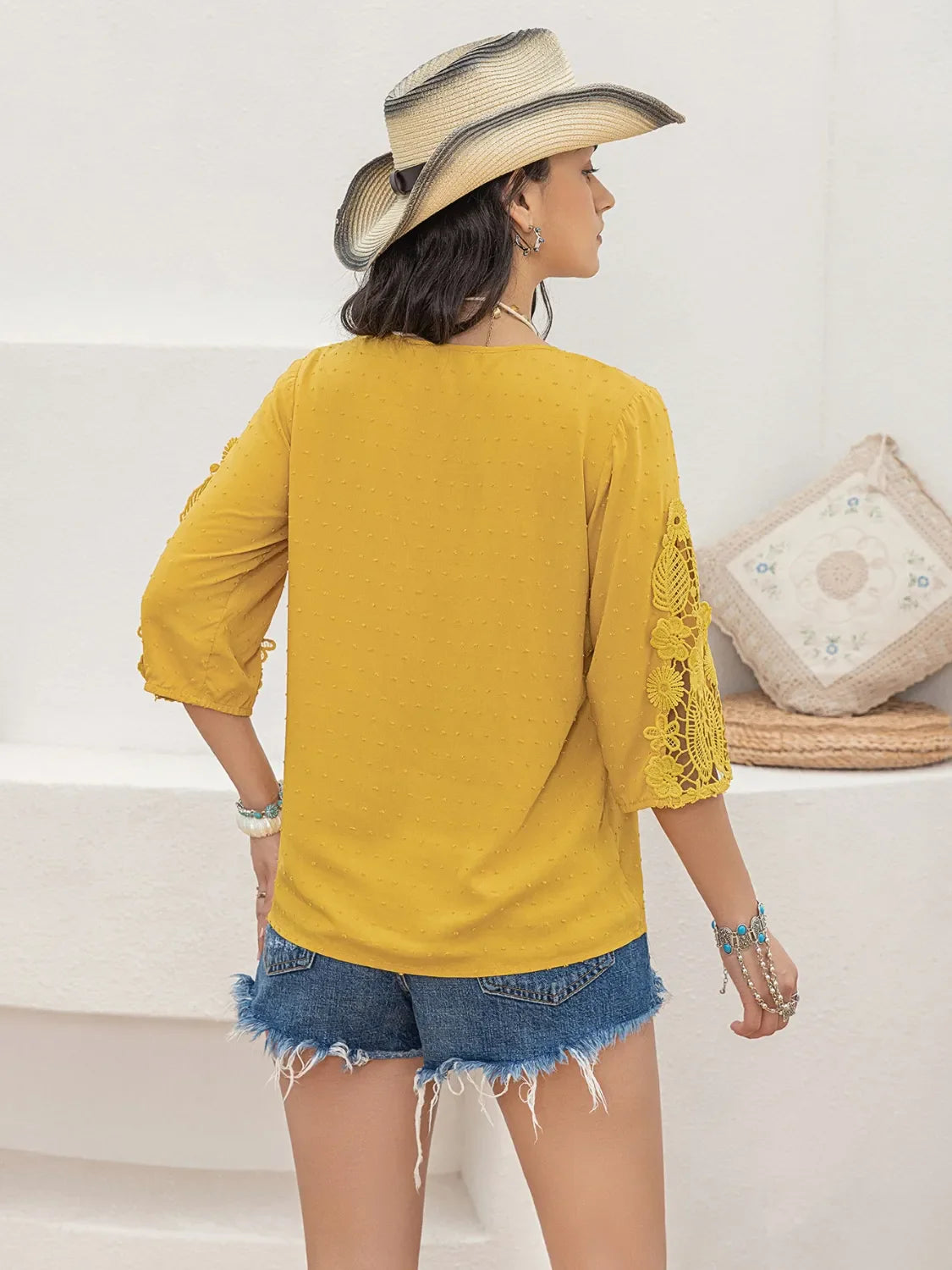 V-Neck Lace Three-Quarter Sleeve Top