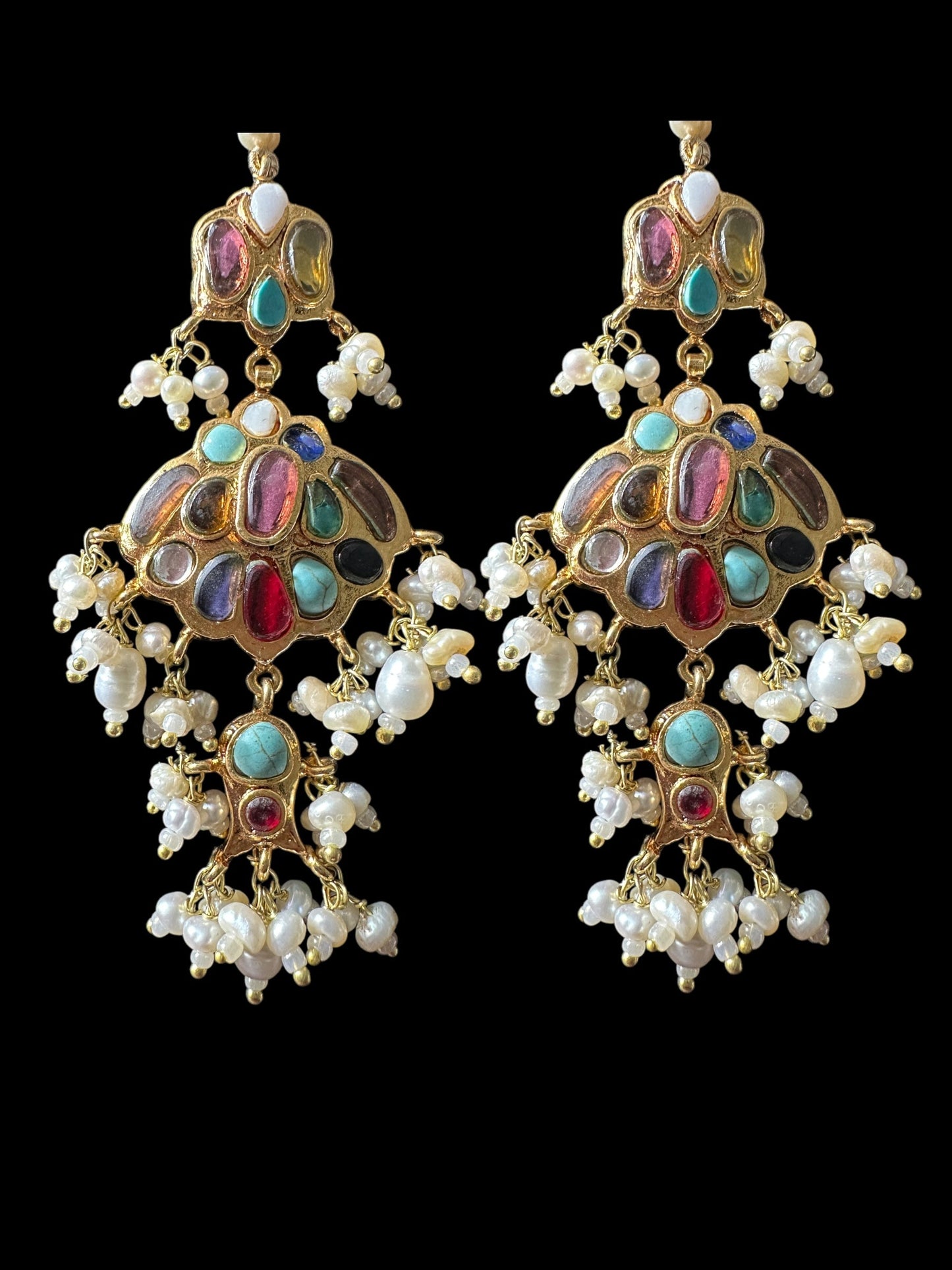 C547 Navratan bridal choker earrings set in fresh water pearls ( READY TO SHIP )