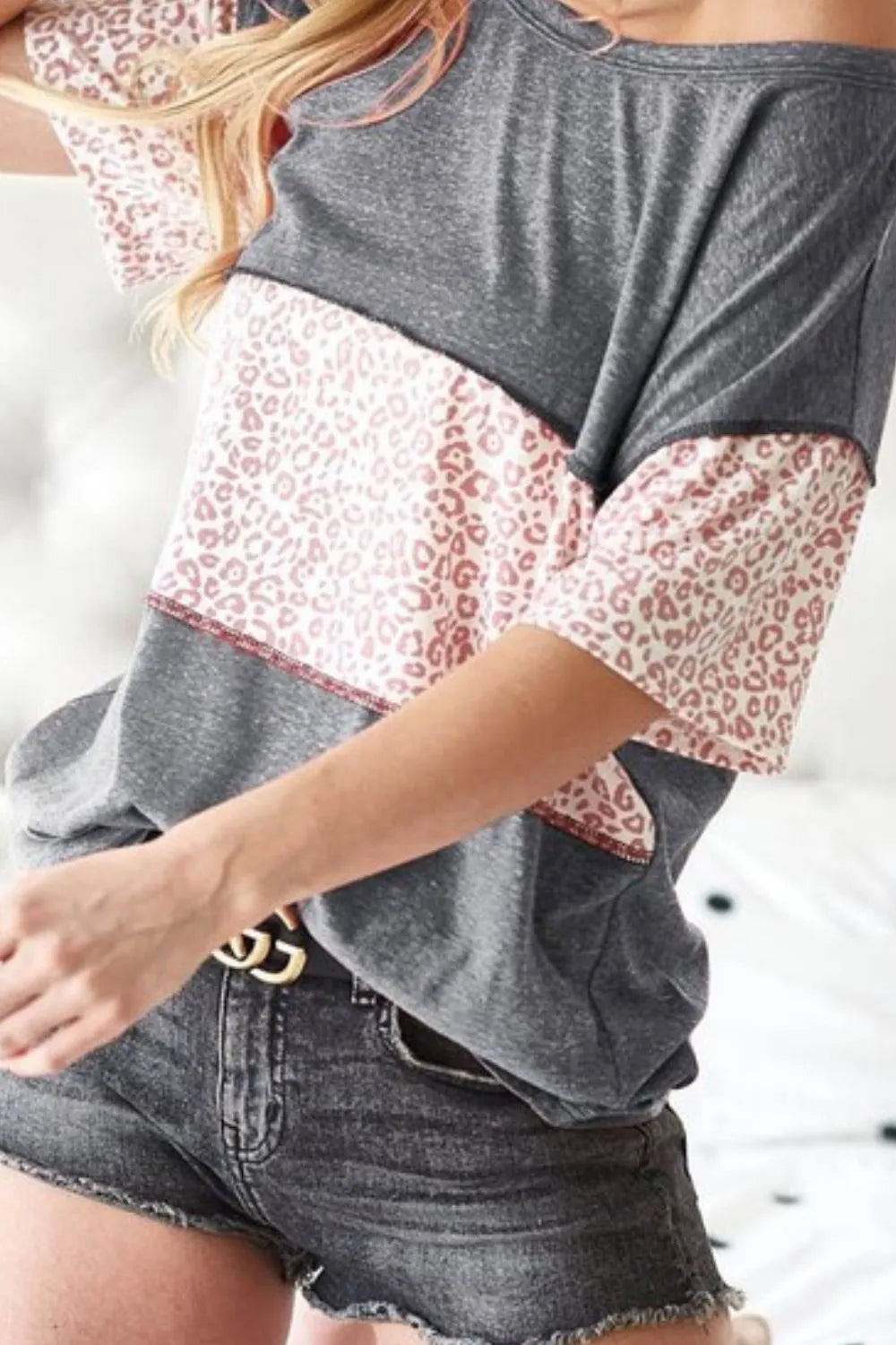 BiBi Triblend Knit with Leopard Block Out Stitching