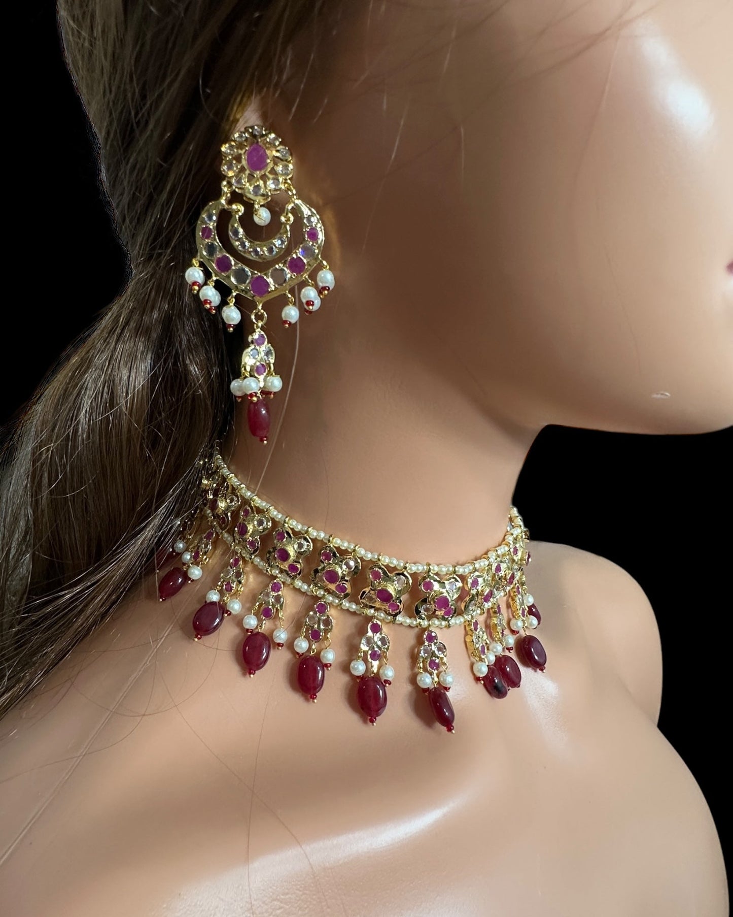 C560 Mahira choker with chandbali and tika in red beads ( READY TO SHIP )