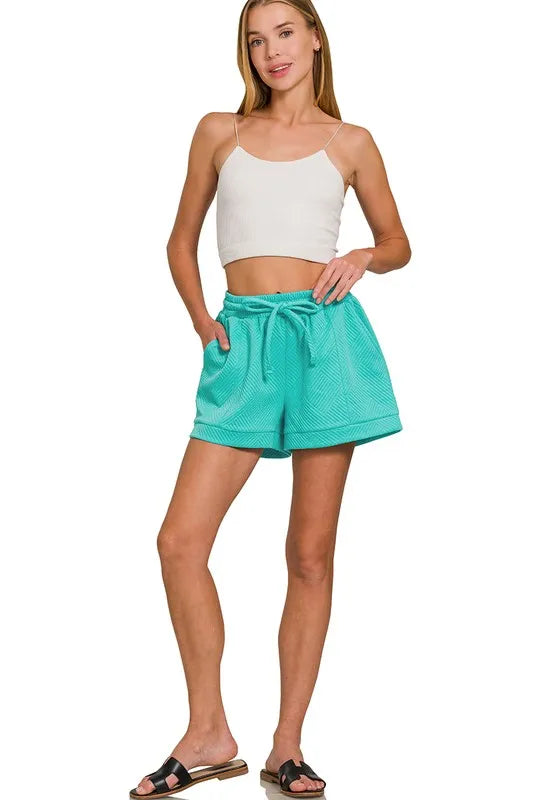 Zenana Textured Knit Jacquard Drawstring Shorts