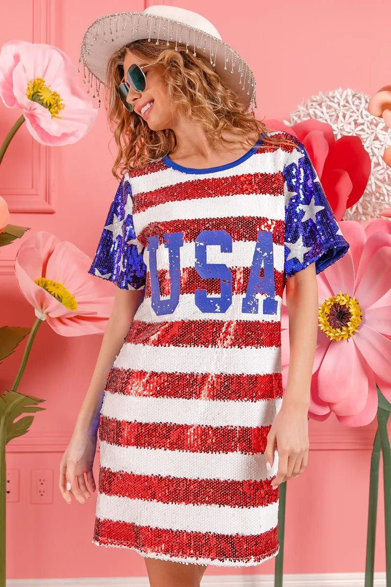 BiBi American Flag Theme Usa Print Sequin Dress