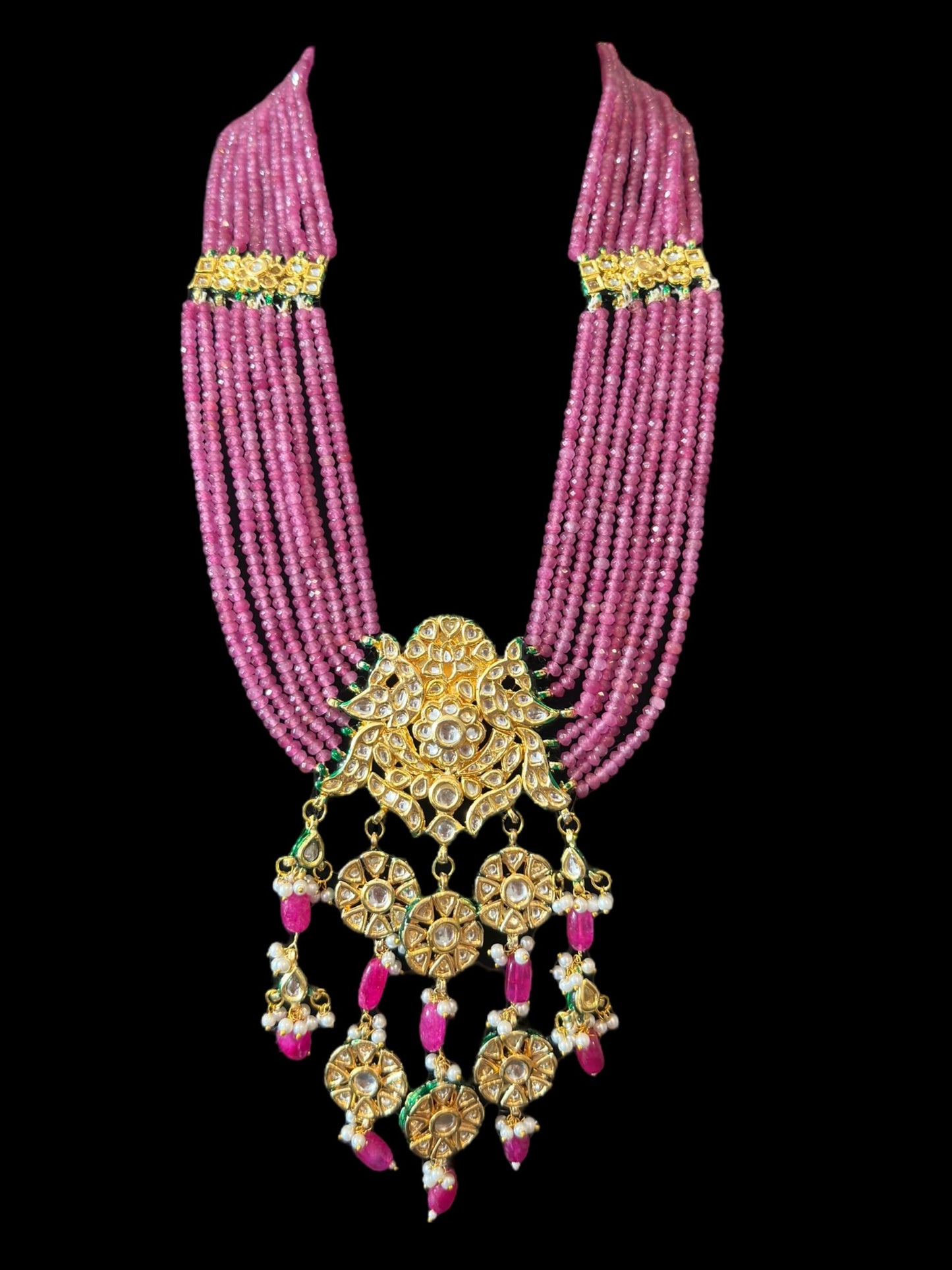 DLN104 Shahreen kundan rani haar in pink beads ( READY TO SHIP)