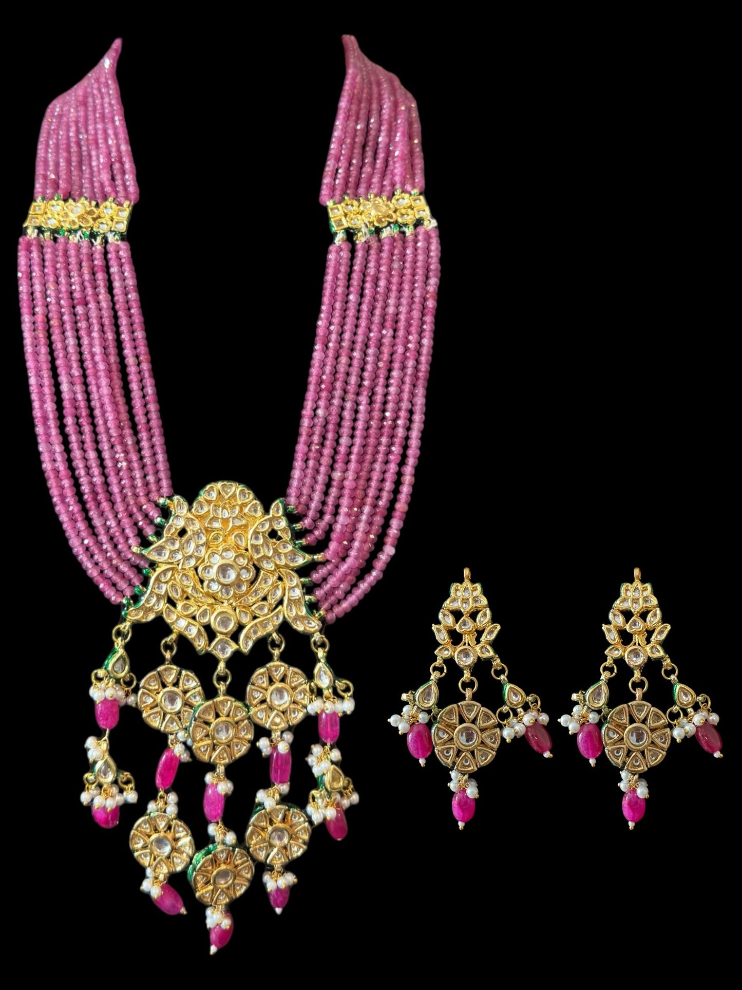 DLN104 Shahreen kundan rani haar in pink beads ( READY TO SHIP)