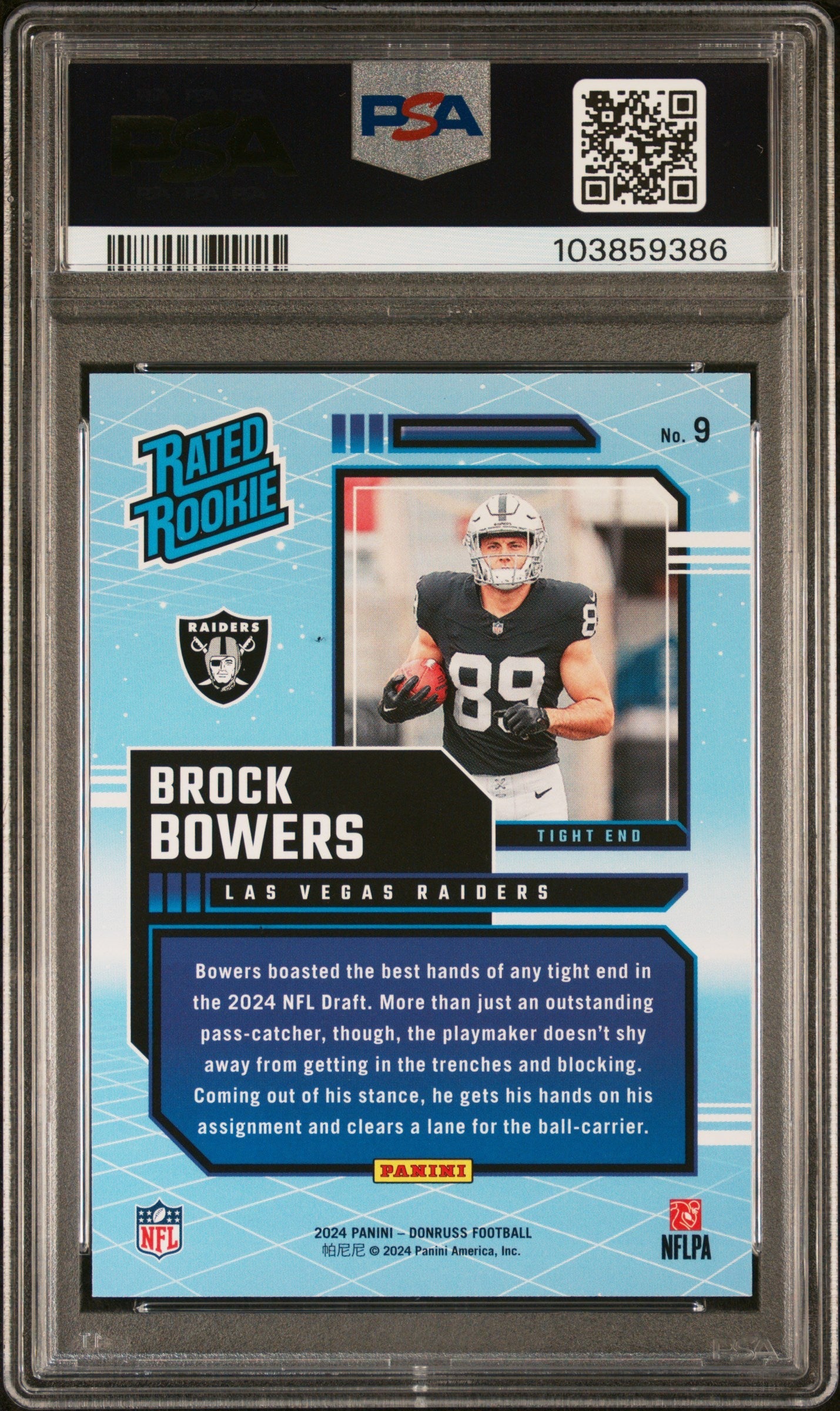 Graded 2024 Panini Donruss Brock Bowers #9 Rated Rookies Retro Rookie RC Football Card PSA 10 Gem Mint
