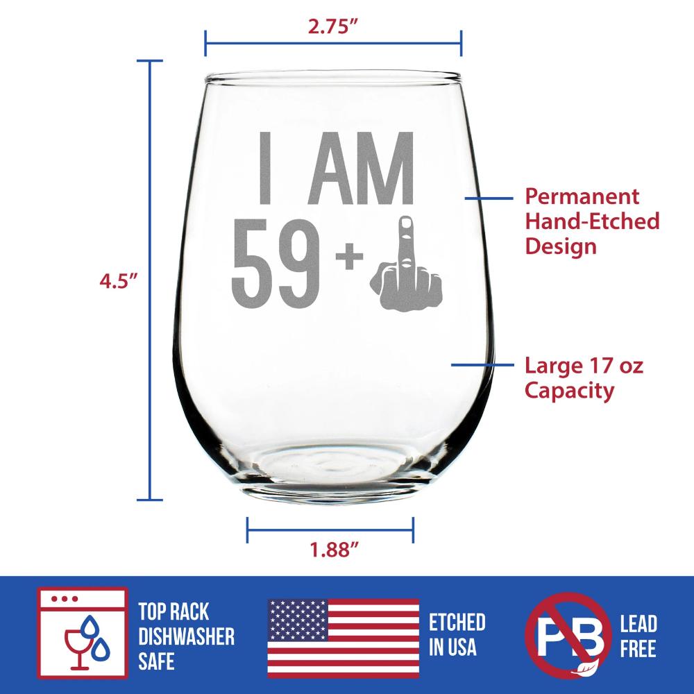 59 + 1 Middle Finger - 60th Birthday Stemless Wine Glass for Women & Men - Cute Funny Wine Gift Idea - Unique Personalized Bday Glasses for Best Friend Turning 60 - Drinking Party Decoration