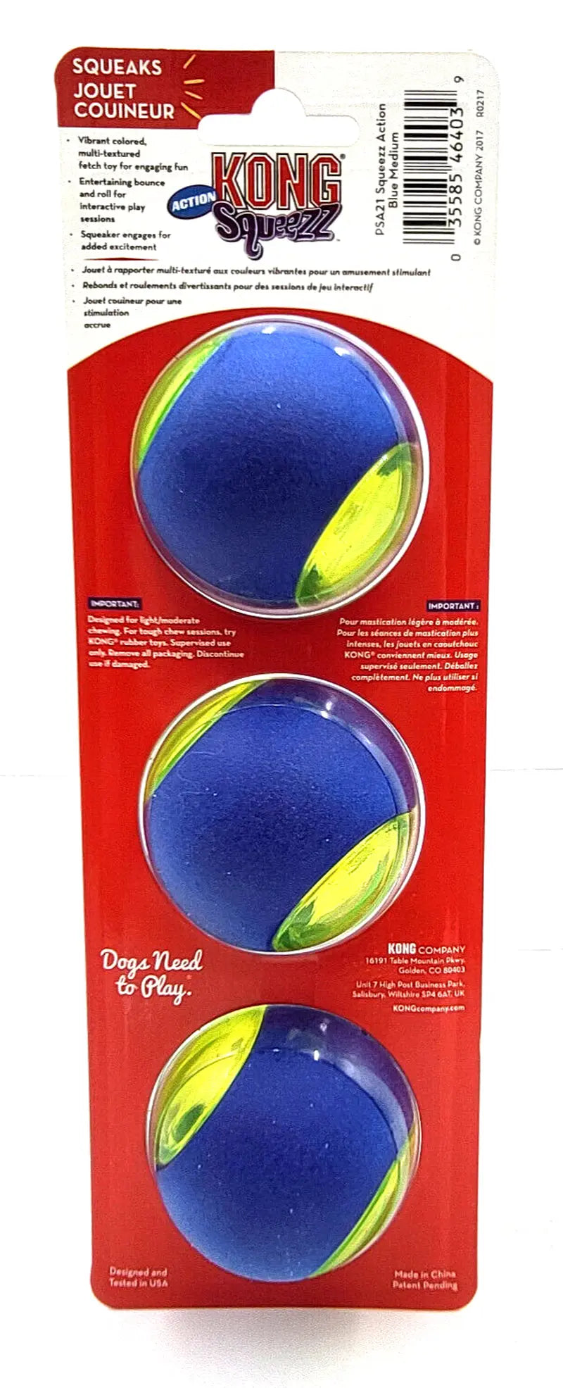 KONG Squeezz Action Ball Medium Blue 3 Pack Squeaky Dog Fetch Toy