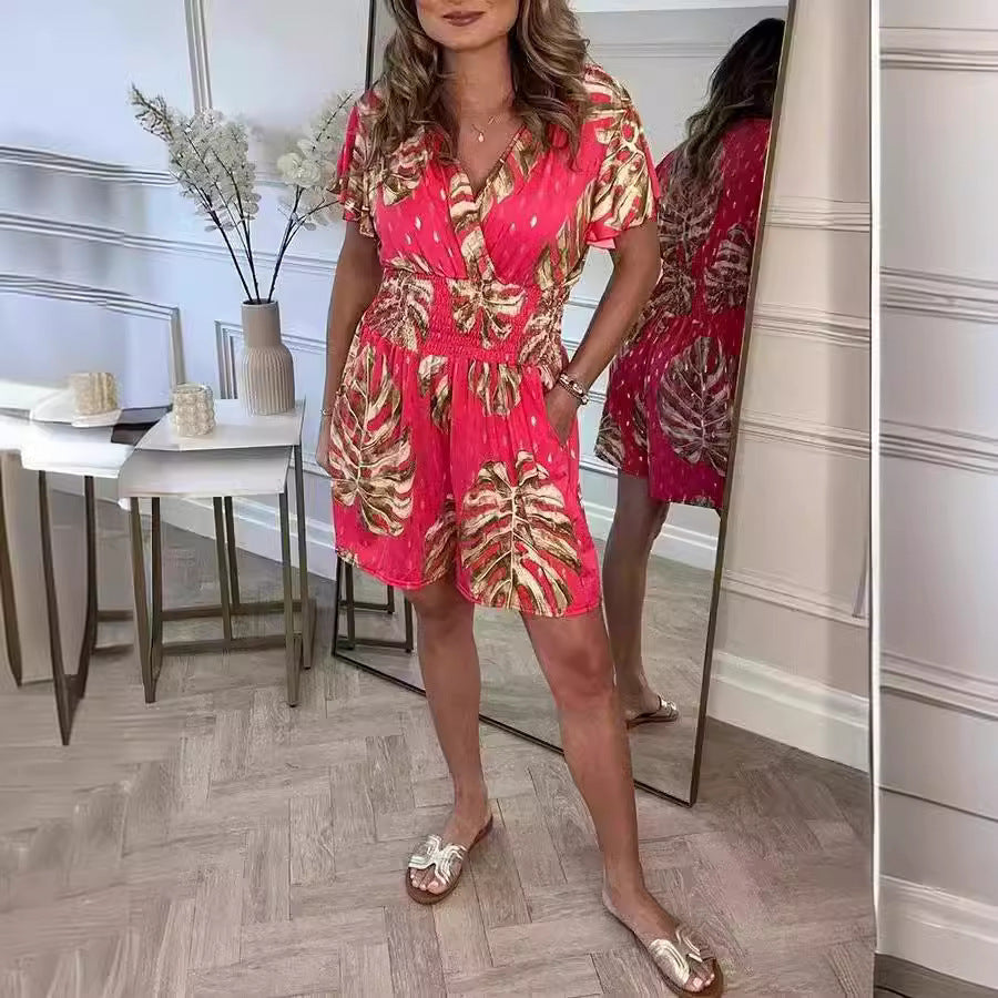 Lightweight Tropical Leaf Print Jumpsuit - V-Neck Summer Romper