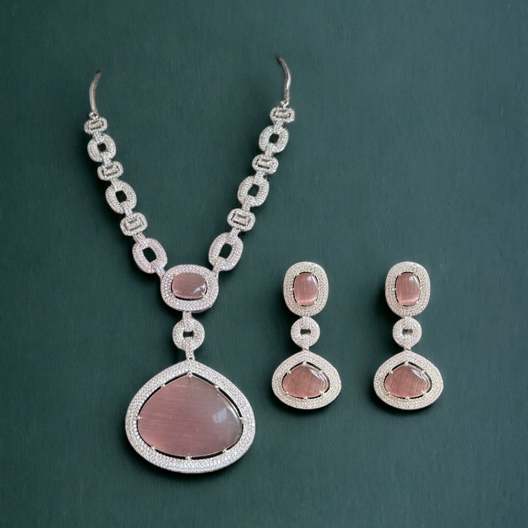 DNS98 CZ necklace set in pink - silver plated ( READY TO SHIP )