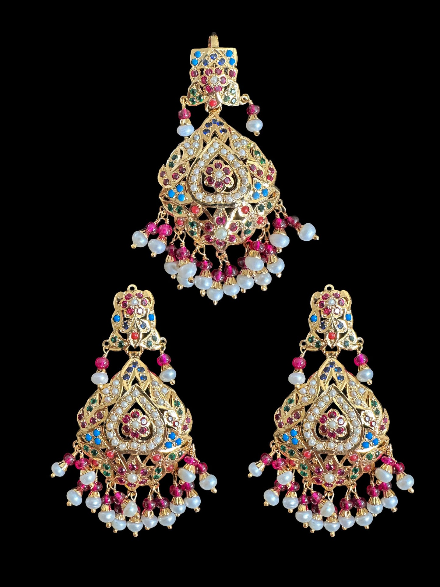 Gold plated jadau silver pendant set in navratan ( SHIPS IN 5 WEEKS )