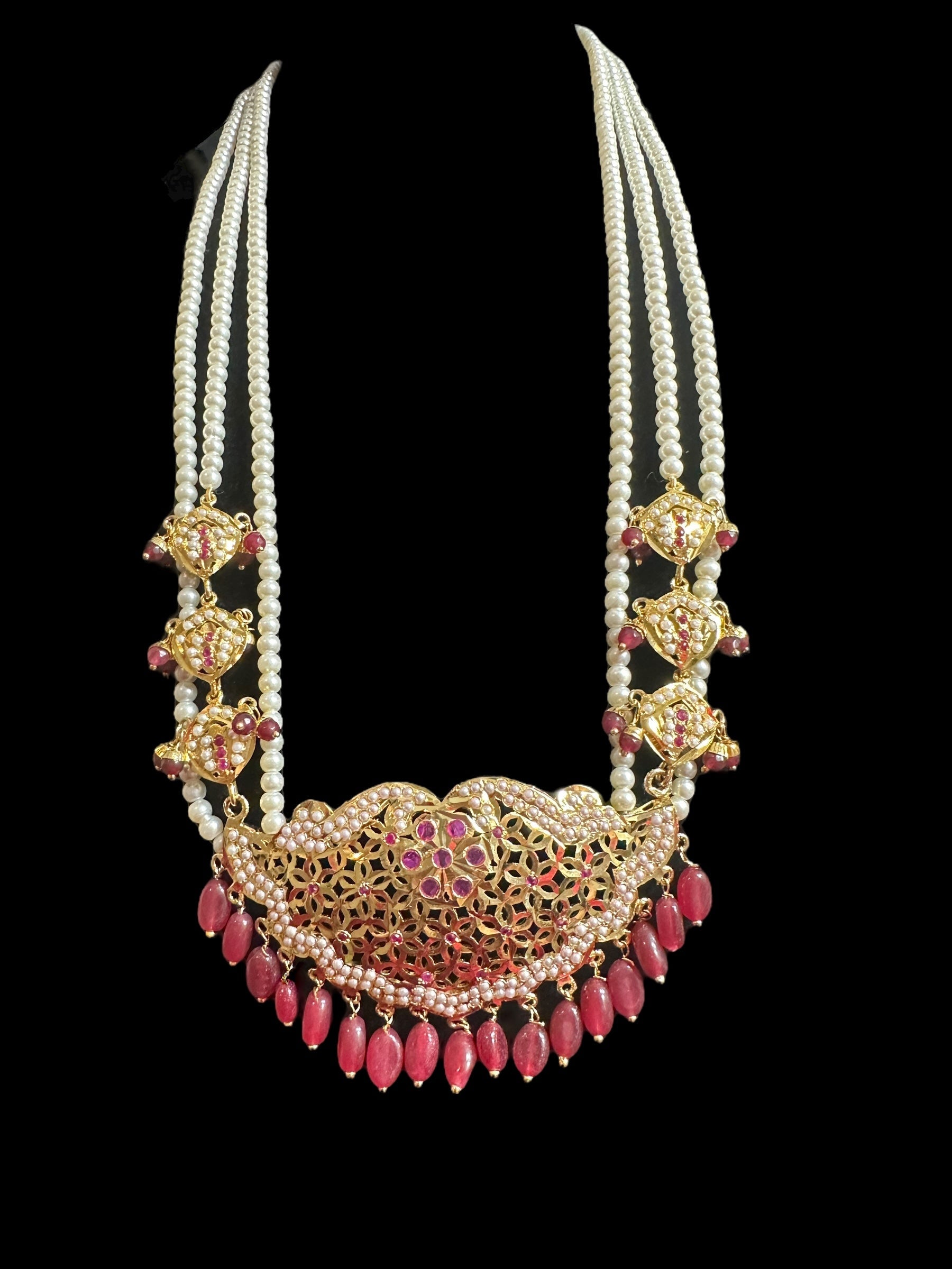 DLN93 Saba long jadau mala with pearls and ruby combination