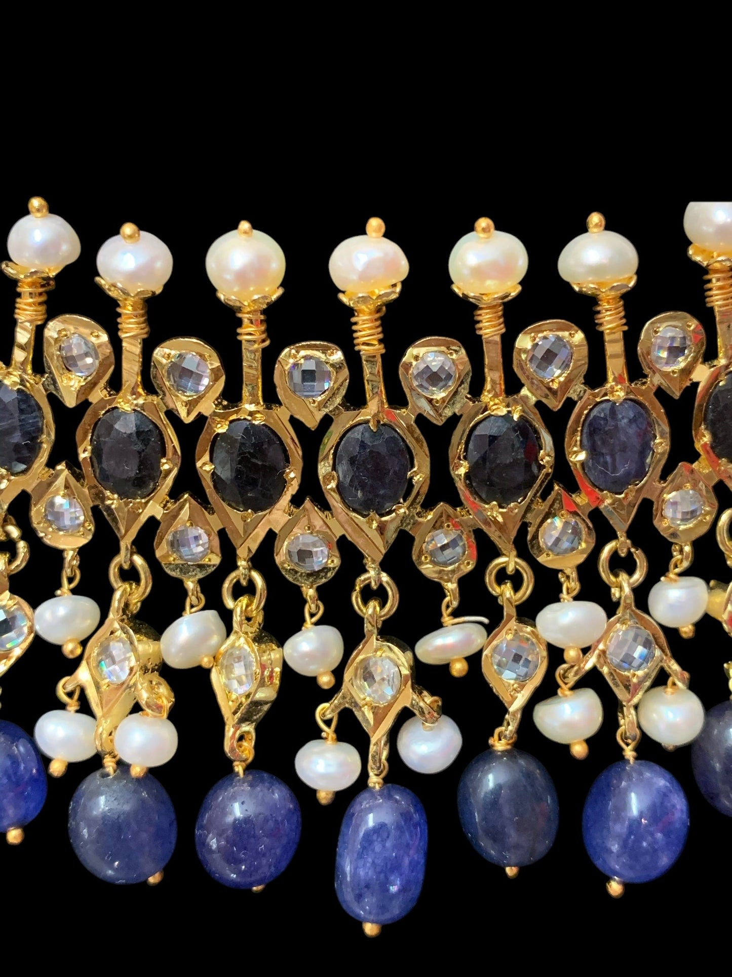 Tirmani Necklace Set with chandbali Earrings – 22K Gold-Plated Jewelry with Freshwater Pearls and sapphire
( SHIPS IN 4 WEEKS )