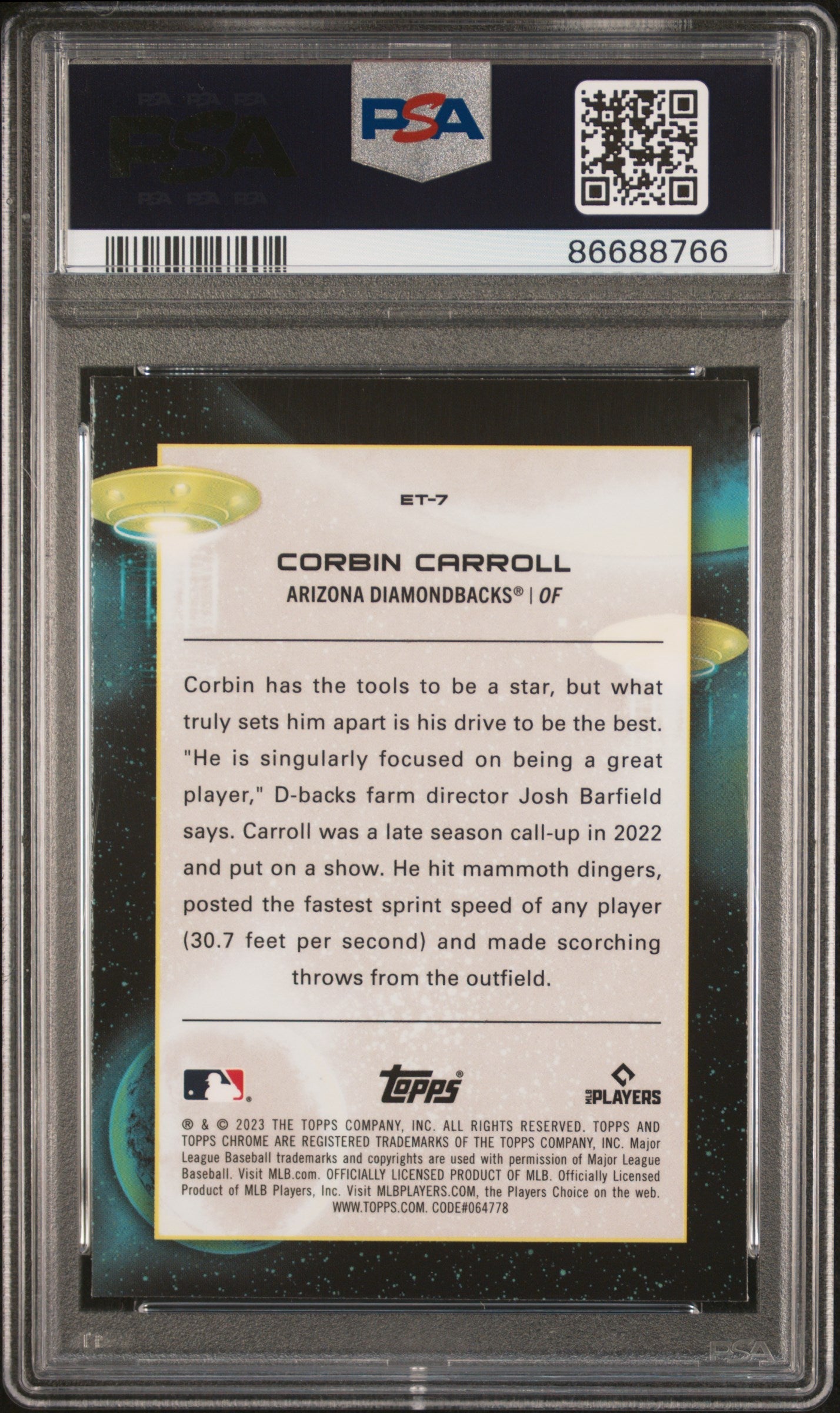 Graded 2023 Topps Cosmic Chrome Corbin Carroll #ET7 Extra Terrestrial Talent Rookie RC Baseball Card PSA 10 Gem Mint