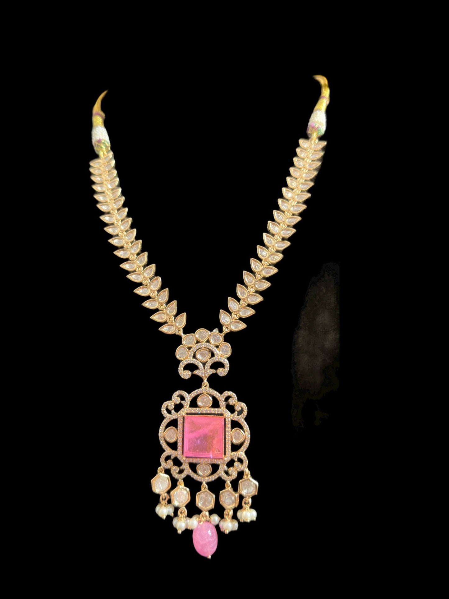 DNS173 Polki necklace set with pearls - PINK ( READY TO SHIP )