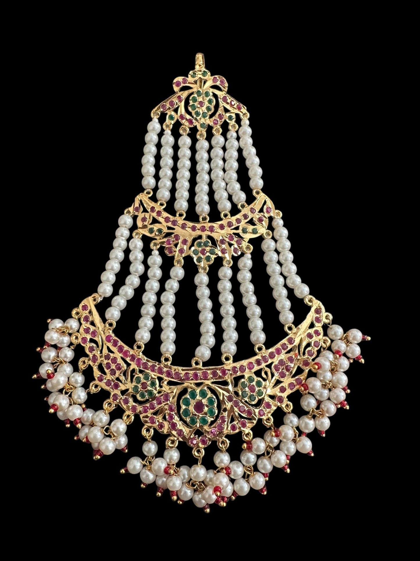 JTK12 AYRA jhoomar and tika in ruby emerald with pearls ( READY TO SHIP )