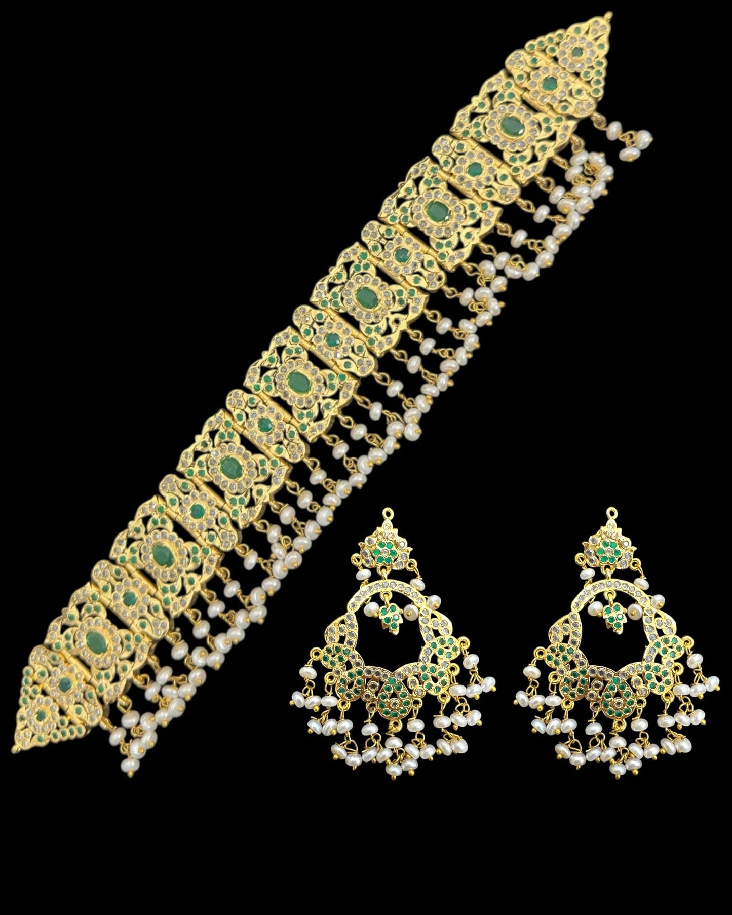 C544 Nishat fresh water pearl choker with earrings - Green ( READY TO SHIP )