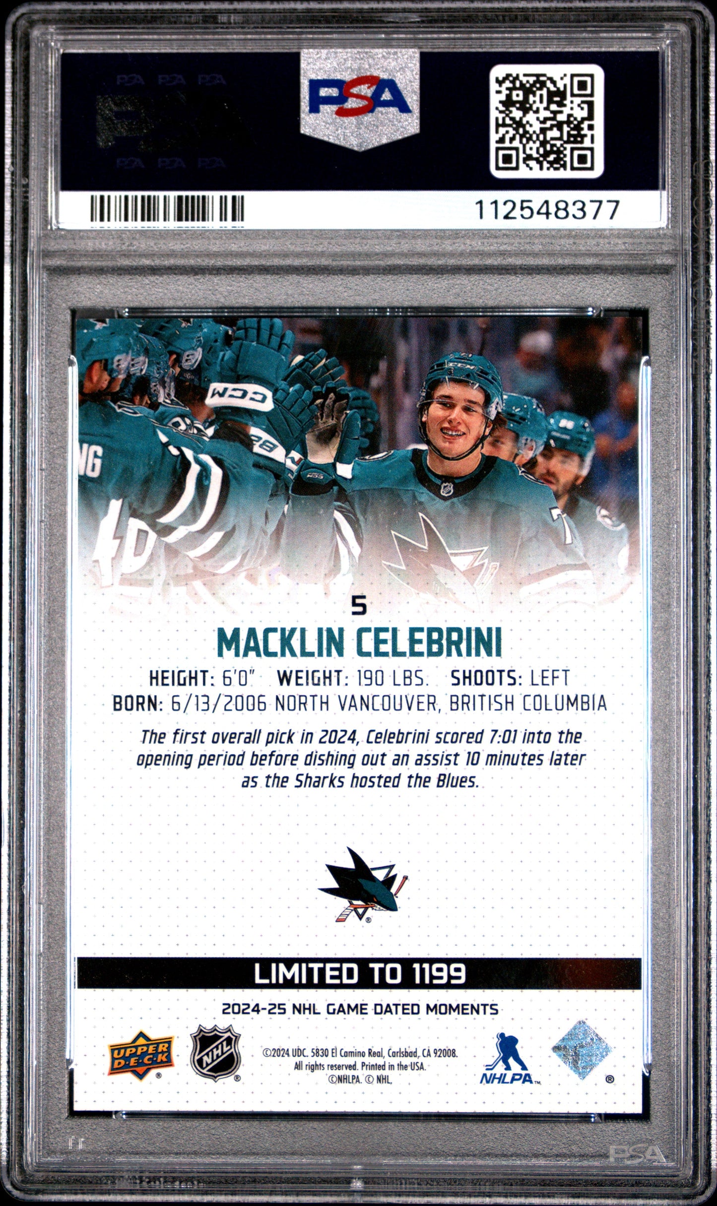 Graded 2024 Upper Deck Macklin Celebrini #5 Game Dated Moments Rookie RC Hockey Card PSA 10 Gem Mint