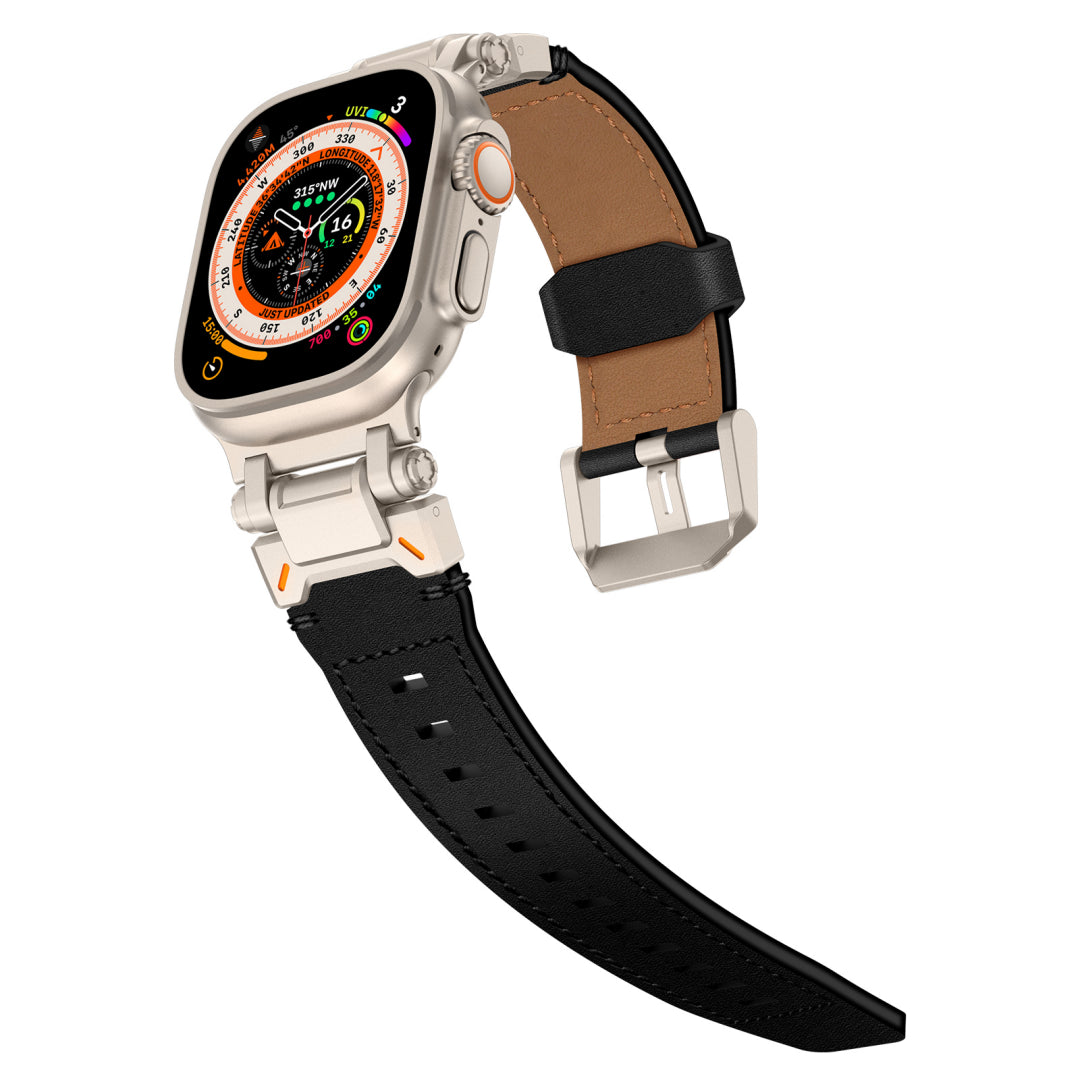 Leather Tactical Band for Apple Watch Ultra – 26mm Wide, Mecha-Style Connectors, Adventure-Ready