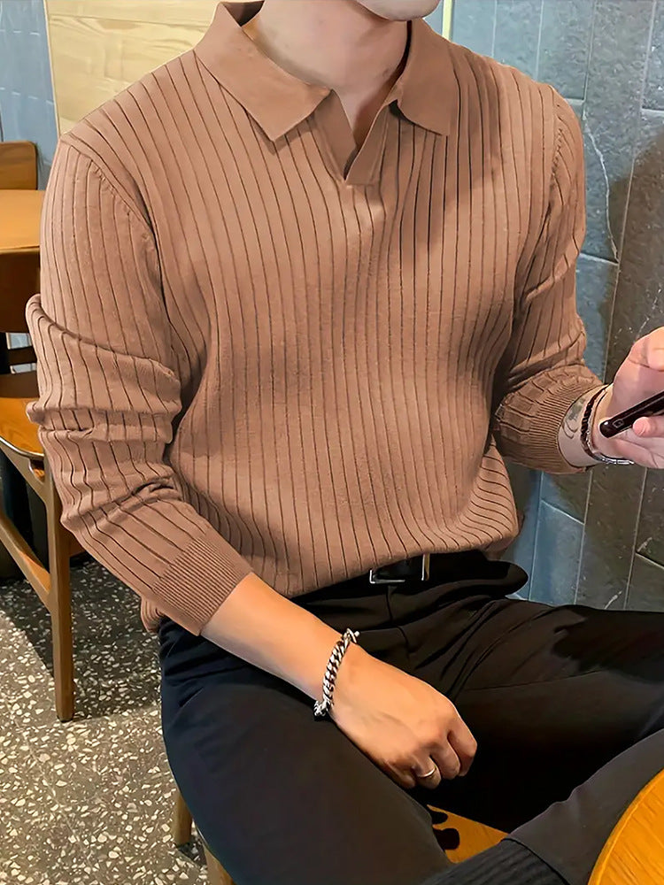 Textured Long Sleeve Polo Shirt - Slim Fit Ribbed Knit Polyester