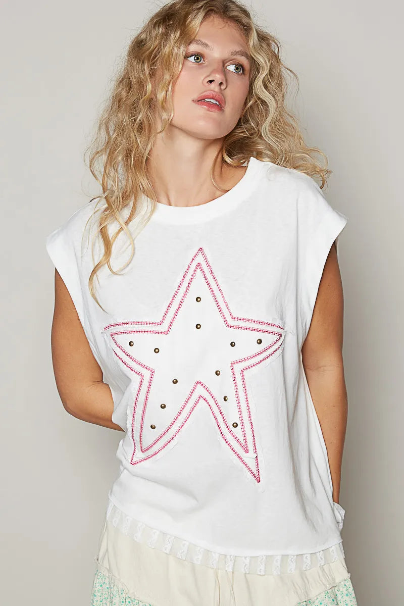 POL Star Patch Studded Sleeveless T-Shirt with Lace Hem
