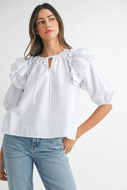 MABLE Stripe Ruffle Shoulder Puff Sleeve Blouse