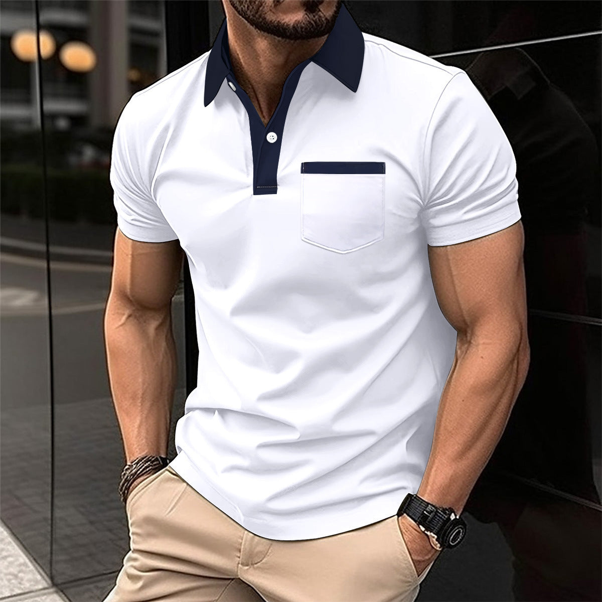 Men's Cotton Blend Polo Shirt - Slim Fit Lapel Collar Short Sleeve