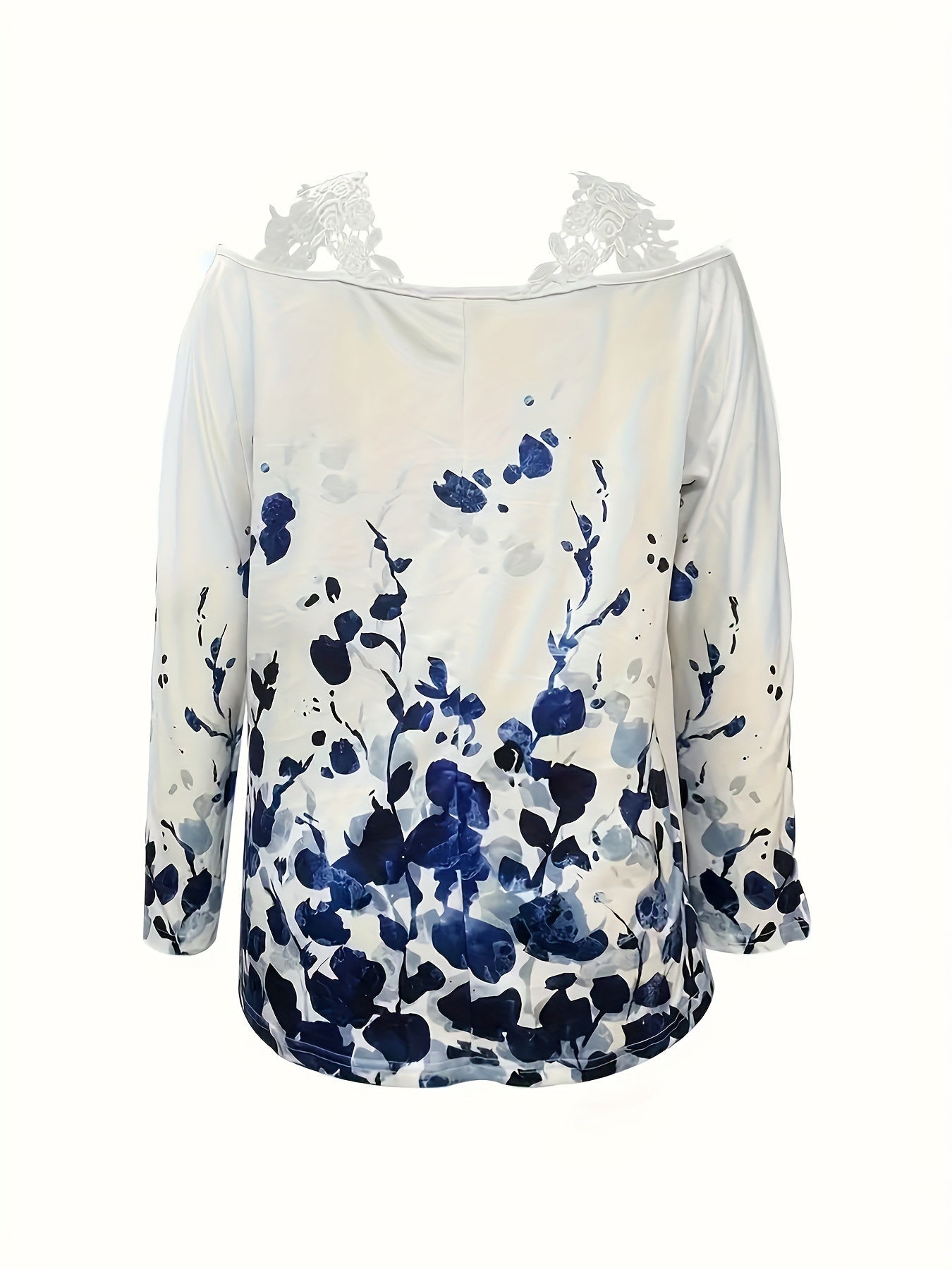 Watercolor Floral Off-Shoulder Lace Top - Navy White Long Sleeve