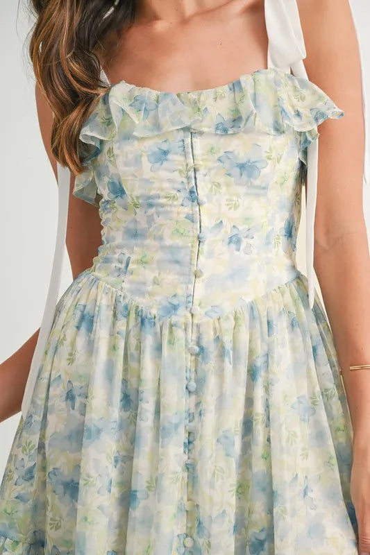 MABLE Floral Printed Shoulder Strap Midi Dress