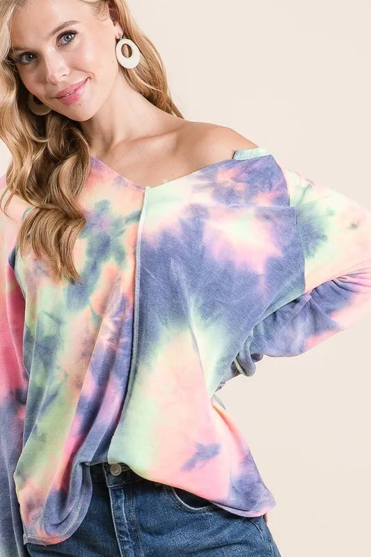 BiBi Tie Dye Terry Top with Contrast Stitching Detail