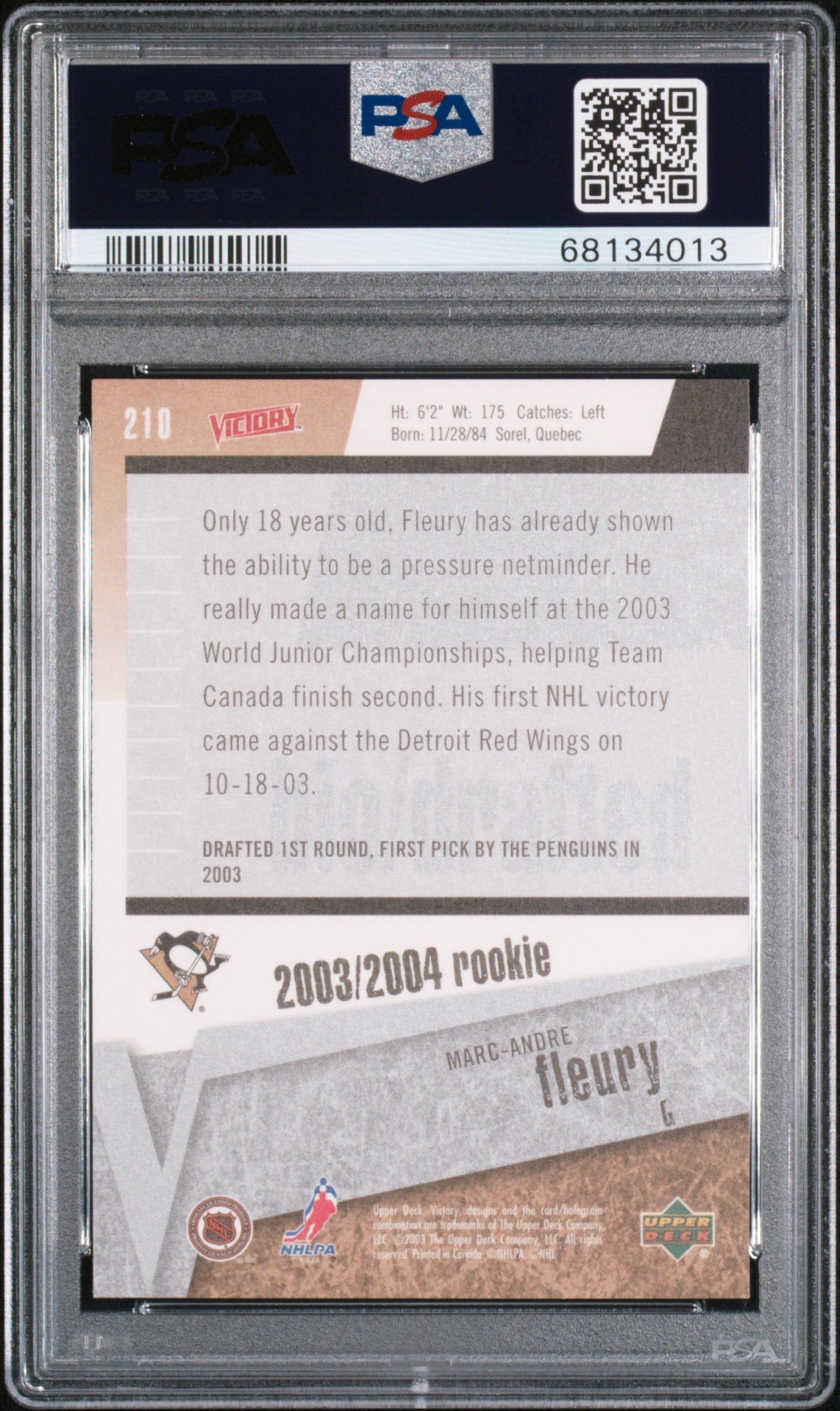 Graded 2003 Upper Deck Victory Marc-Andre Fleury #210 Rookie RC Hockey Card PSA 10 Gem Mint