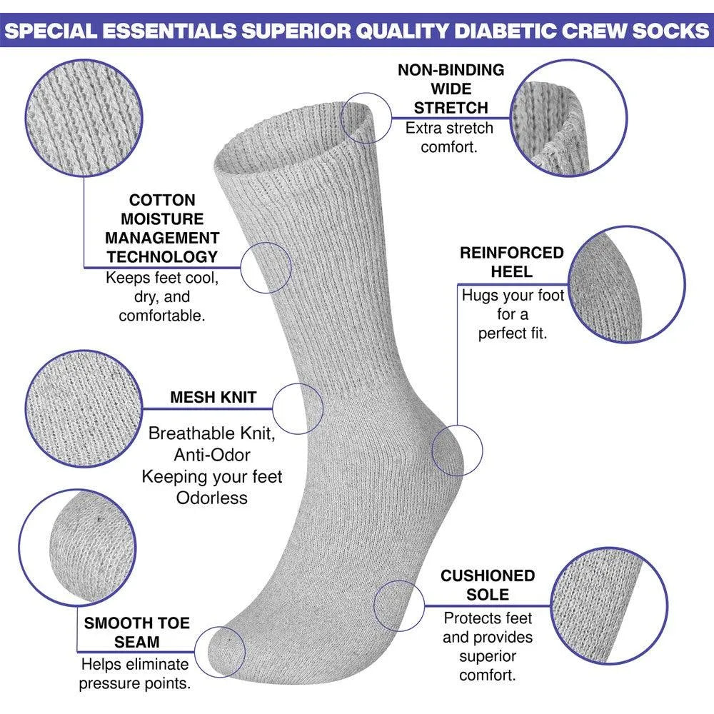 6 Pairs Physicians Approved Diabetic Crew Socks Unisex Black/Grey/White