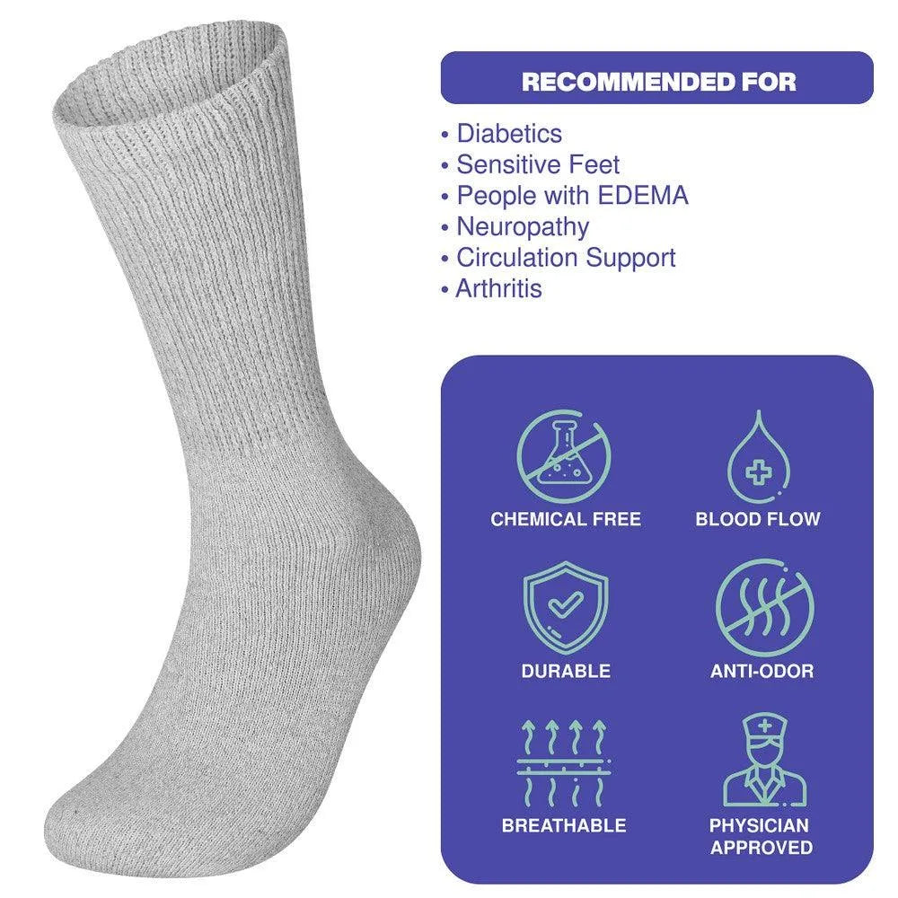 6 Pairs Physicians Approved Diabetic Crew Socks Unisex Black/Grey/White
