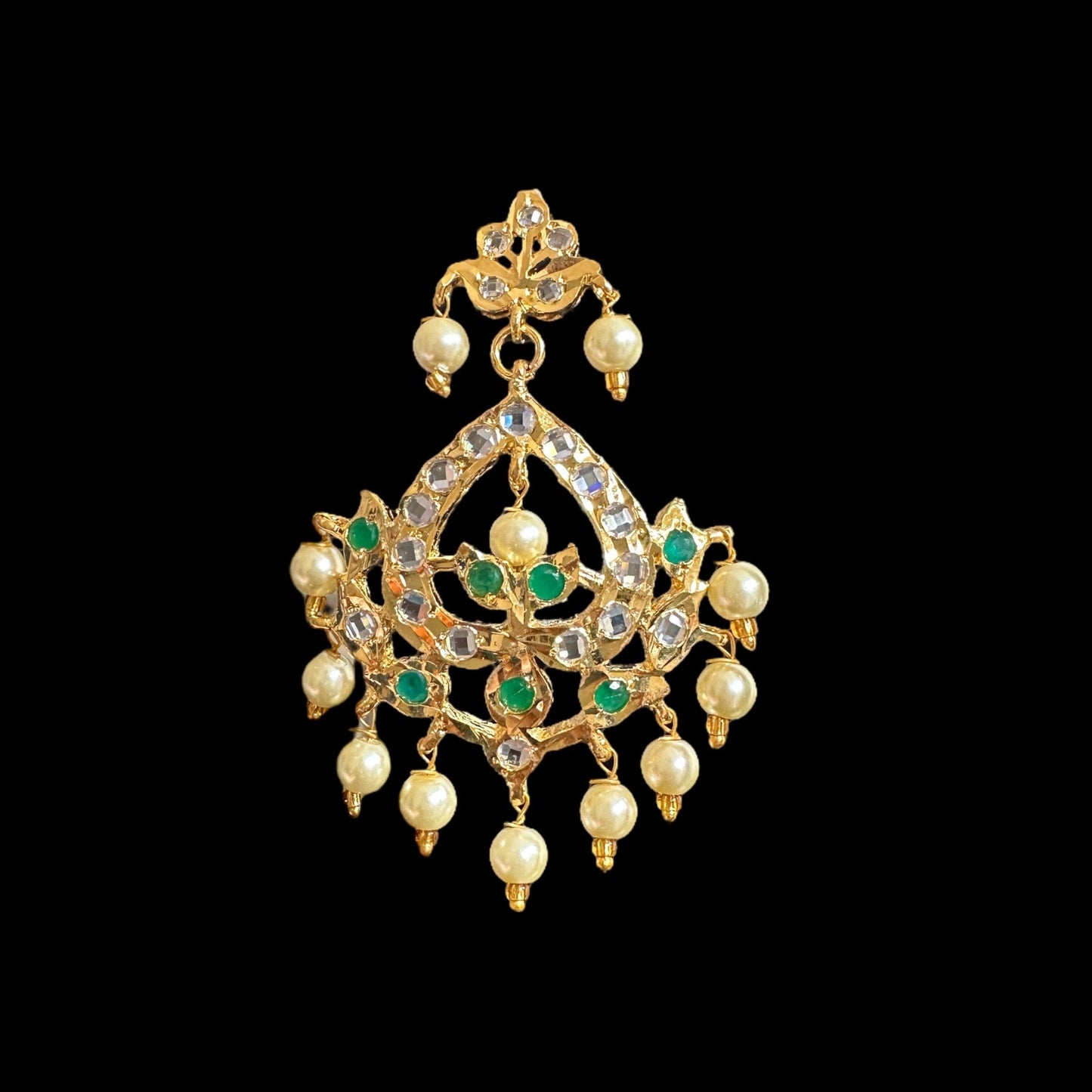DER562 Dina hyderabadi emerald Chandbali with golden pearls ( SHIPS IN 4 WEEKS )