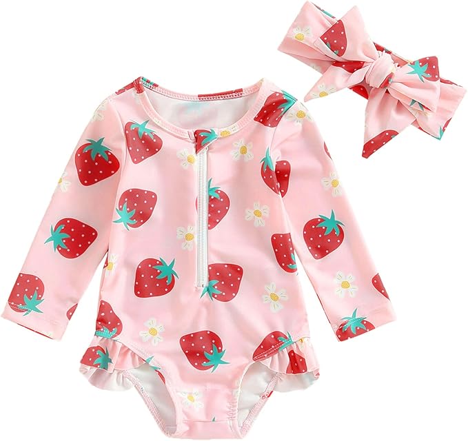 Baby Girl Swimsuit Zip Rash Guard Ruffled Long Sleeve One Piece Swimwear Toddler Bathing Suit Rashguard Beach Wear